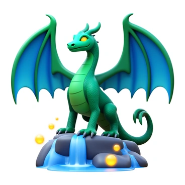 A mythical creature resembling a dragon with vibrant scales in shades of emerald green and azure blue. The creature has large, majestic wings spread wide, showcasing intricate patterns. Its eyes are bright and piercing, glowing with an otherworldly light. The creature stands on a rocky terrain, with streams of shimmering water flowing nearby. Surrounding the creature are glowing orbs that provide a mystical ambiance, creating an enchanting atmosphere.