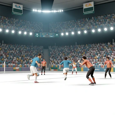 A packed sports arena in Dortmund, filled with enthusiastic fans waving flags and wearing team colors. In the center, two teams are engaged in an intense European handball match. One team, wearing blue jerseys with white shorts, is attacking, while the other team, in red jerseys and black shorts, is defending. A player from the blue team is jumping in the air, ready to throw the ball towards the goal, while a goalkeeper from the red team is crouched low, prepared to make a save. The scoreboard in the background displays the game time and scores, adding to the excitement of the match. Bright lights illuminate the court, highlighting the players' focused expressions and dynamic movements.