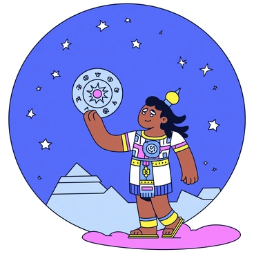 An ancient Aztec astrologer stands on a rocky terrain, gazing up at a night sky filled with numerous bright stars. The astrologer is dressed in traditional Aztec clothing, featuring intricate patterns and vibrant colors. In one hand, the astrologer holds a large, circular stone astronomical tool etched with symbols and designs. The tool is positioned at an angle as if it is being used to align with the constellations above. The background showcases a silhouette of pyramids in the distance, under the vast expanse of the starry sky.