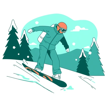 A teal snowboarder is performing a jump in mid-air against a backdrop of snow-covered mountains. The snowboarder is wearing bright orange trendy snowboarding gear, including a stylish helmet and goggles. The snowboard is decorated with a vibrant design that contrasts with the white snow around. Fluffy white snowflakes are suspended in the air, enhancing the action of the moment. In the background, there are tall evergreen trees dusted with snow, completing the winter scene.