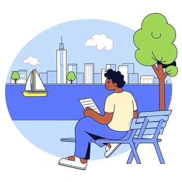 An artist wearing a light-colored shirt is sitting on a bench by the Toronto waterfront. The artist is focused on sketching in a notepad. In the background, there are tall buildings representing the Toronto skyline. The water is calm and reflects the blue sky with a few fluffy white clouds. A small sailboat glides across the water. There are a few trees with green foliage lining the waterfront, providing a natural frame to the scene.