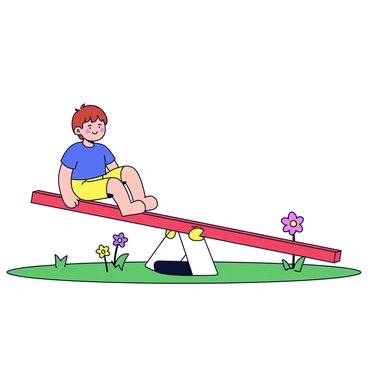 A wooden seesaw with a bright red color, positioned in a playground setting. On one end of the seesaw sits a small child wearing a blue T-shirt and yellow shorts, smiling happily. The other end of the seesaw is raised high in the air, suggesting the child is the only one using it. The background features a grassy area and a few colorful flowers, adding a playful touch to the scene.