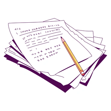 A white stack of drafted contract pages is neatly arranged on a surface. The pages are slightly curled at the edges and feature various handwritten notes in the margins. On top of the stack, there is a yellow wooden pencil positioned diagonally, with a sharpened tip pointing towards the upper right corner. The background is plain to highlight the details of the documents and pencil.