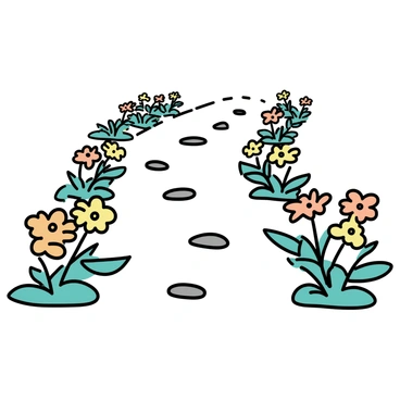 A garden path, made of smooth stones, winds through the center of the scene. On both sides of the path, there are neatly arranged marigold plants with vibrant orange and yellow blossoms. The leaves of the marigolds are lush and green, adding contrast to the bright flowers. The sun casts gentle shadows along the path, highlighting the orderly rows of plants.