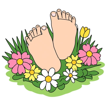 A pair of chubby baby feet with tiny toes, softly resting on a bed of vibrant spring flowers in a colorful garden. The flowers include pink daisies, yellow tulips, and white daisies, creating a cheerful scene. The baby feet are lightly curled and have a slight sheen on the skin, suggesting a warm sunny day. The background features lush green grass, adding a fresh contrast to the colorful blooms.