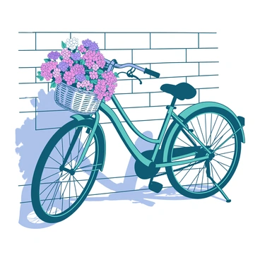 A teal bicycle is leaning against a white brick wall. The bicycle features a classic design with a curved frame and a shiny metal handlebar. Attached to the front of the bike is a woven basket overflowing with colorful Alsatian flowers. The flowers are vibrant and varied, including delicate pink and purple blooms, creating a striking display against the soft white background of the wall. Sunlight casts gentle shadows of the bicycle and flowers on the ground, enhancing the overall composition.