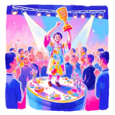A proud artist is standing on a podium, holding a "World Illustration Award" trophy high above their head. The artist has a beaming smile and is wearing a colorful painter's smock splattered with paint. The podium is adorned with flowers and ribbons. In the background, an audience can be seen clapping and cheering, with bright lights illuminating the scene. The atmosphere is filled with excitement and celebration.