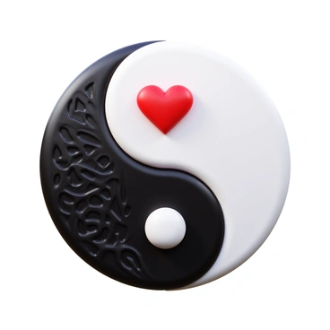 A "heart" is seamlessly incorporated into a "yin-yang symbol". The heart is positioned at the center, merging with the black and white halves of the symbol. The "black half" features intricate patterns that suggest depth, while the "white half" has smooth, flowing lines. Each half of the yin-yang symbol represents balance, with the heart symbolizing love and harmony within. The overall design has a glossy finish, enhancing its three-dimensional appearance.