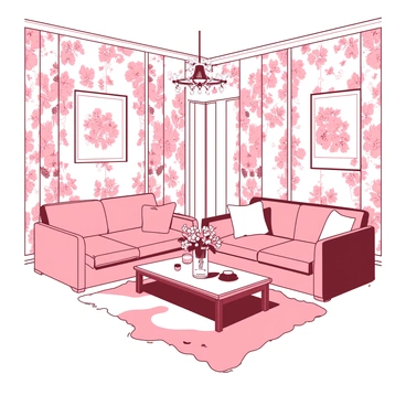 A room interior features walls adorned with intricate "honeysuckle" motifs in a repeating pattern on the wallpaper. The fabric used for the curtains and upholstery also showcases the same "honeysuckle" design, tying the elements together harmoniously. In the center of the room, there is a "wooden coffee table" topped with a small vase holding "fresh flowers" that complement the patterns. Soft "ambient lighting" spills in from a "chandelier" above, enhancing the details of the room's decor. A "plush rug" lies beneath the coffee table, adding warmth to the space, while "framed artwork" with similar floral themes hangs on the walls, creating a cohesive aesthetic throughout the room.
