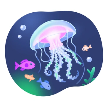A jellyfish suspended in the dark ocean water, its translucent body pulsating softly. The jellyfish emits a gentle electric glow, illuminating its tentacles and the surrounding water. Various small fish swim nearby, their scales catching the light. Bubbles rise around the jellyfish, creating a sense of movement in the tranquil underwater scene.