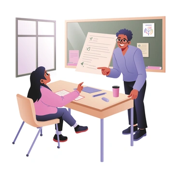 A teacher is standing in front of a student at a desk in a classroom. The teacher has medium skin and short curly hair, wearing glasses, a blue blouse, and dark pants. The teacher is leaning slightly forward, smiling warmly, and pointing to a paper that is filled with notes. The student has light skin and long straight hair, looking attentively at the paper with a focused expression. The student's desk is tidy, with a few colorful stationery items scattered around. A chalkboard with notes and a colorful poster hanging in the background adds to the classroom environment. Sunlight is streaming through a window, casting a soft glow on the scene. The atmosphere conveys a sense of encouragement and support, highlighting the positive interaction between the teacher and the student.