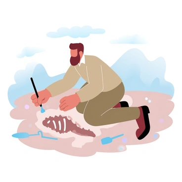 A paleontologist in a khaki shirt is kneeling on rocky terrain, carefully brushing dust away from a dinosaur fossil embedded in the ground. The fossil is partially exposed, showing distinct bone structures. Surrounding the paleontologist are various tools, including a small shovel and a brush. In the background, there are rugged rock formations typical of a remote excavation site. The scene is illuminated by soft, natural light filtering through the clouds, creating a gentle contrast against the earth tones of the terrain.