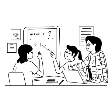 A group of three students is gathered around a table, working on a school project. Two students, one with short hair wearing a graphic t-shirt and the other with long hair wearing a sweater, are writing on a large piece of paper that displays a question board. The third student, wearing glasses and a plaid shirt, is pointing at a question on the board, engaging the others in discussion. Various school supplies, such as pens, notebooks, and a laptop, are scattered across the table. Posters and educational materials are visible on the walls in the background.