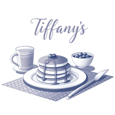 An illustration featuring a breakfast scene. In the center, there is a well-arranged plate with fluffy pancakes stacked high, drizzled with syrup. Beside it, there is a small bowl of fresh blueberries and a glass of orange juice. Above the plate, the words "Tiffany's" are artistically integrated into the design, styled in a delicate font, harmonizing with the breakfast theme. The background includes a simple table setting with a patterned tablecloth and a couple of utensils neatly placed.