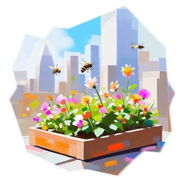 A vibrant cityscape showing tall buildings under a clear blue sky. In the foreground, a lush green rooftop garden is filled with various plants and flowers. Bees are buzzing around, pollinating the blossoms, while colorful butterflies flit gracefully among the foliage. The garden is designed with wooden planters and pathways, providing a peaceful oasis above the bustling city below. The contrast between the greenery and the urban architecture highlights the harmony of nature within the city.