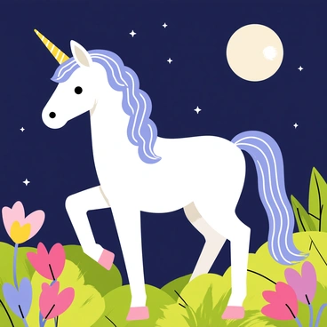 A unicorn with a shimmering white coat and a spiraling, iridescent horn is wandering through a garden at night. The garden is filled with colorful flowers that have opened under the soft glow of the moonlight. The moon hangs low in the sky, casting a gentle light over the scene. The unicorn's mane flows gracefully, reflecting the moon's light like silver strands. Small, twinkling stars can be seen above, adding a magical ambiance to the serene setting. The lush greenery surrounds the unicorn, creating a tranquil atmosphere.