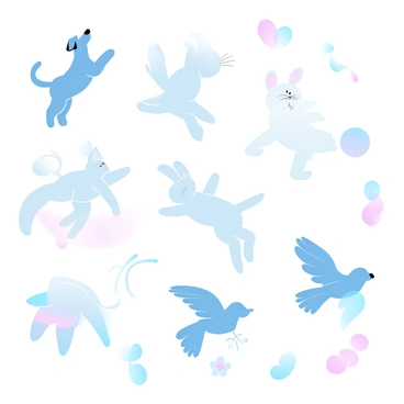 A page filled with quick sketches of various animals in playful poses. There is a dog with its tail wagging, leaping into the air. Nearby, a cat is perched on a ball, stretching its paws outward. A rabbit is depicted mid-hop, with its ears flopping. A bird is shown flapping its wings energetically as it hovers above a small flower. Each sketch is characterized by light strokes and whimsical lines, creating a lively atmosphere on the page.