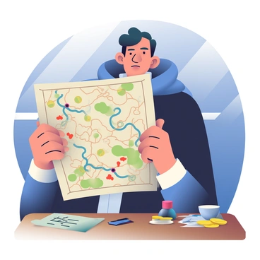 Iago, a character with fair skin and dark hair, has a sly expression on his face. He is holding an old, rolled-up map in his left hand, while his right hand is pinching the corners of the map as if studying it closely. The map features intricate details, including winding roads and marked locations. Iago is wearing a dark cloak that partially obscures his clothing, and the background suggests a dimly lit room with shadows playing across the walls. A small wooden table is beside him, cluttered with various objects like a quill, inkpot, and a few scattered coins, hinting at his scheming nature.