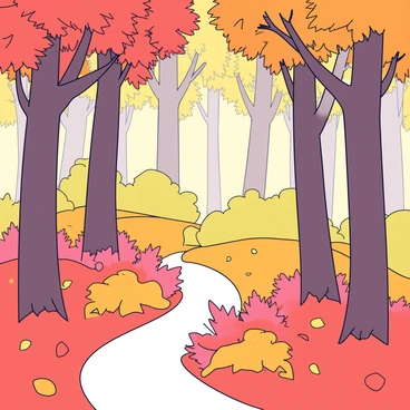 A forest filled with tall trees, their trunks in shades of brown and gray. The ground is covered with fallen leaves in vibrant hues of orange and red. Sunlight filters through the branches, creating patches of light and shadow on the forest floor. Some leaves are still attached to the trees, adding to the colorful display. In the foreground, a small pathway winds through the trees, inviting a sense of exploration.