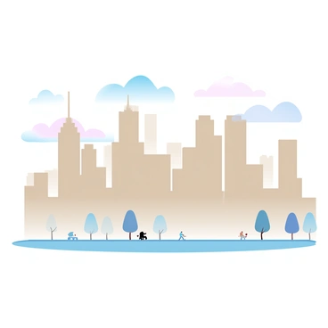 A city skyline at dawn, featuring tall buildings painted in various shades of beige. The sky is transitioning with a gradient of soft pastel colors from deep blue to light peach. The buildings are illuminated by the early sunlight, casting long shadows on the streets below. Silhouettes of trees are visible along the sidewalks, and a few early morning pedestrians can be seen walking. A delicate haze hangs in the air, enhancing the tranquil atmosphere of the bustling city.