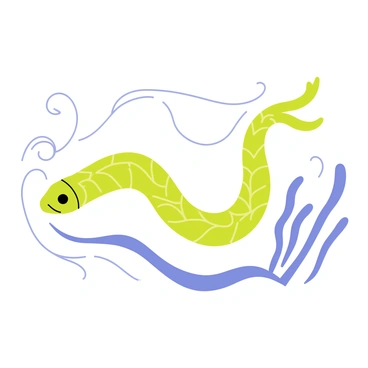 An eel with a long, curved body swims gracefully through the image. The eel is illustrated with detailed scales that shimmer in shades of green and blue. Flowing lines and swirling patterns surround the eel, creating a sense of movement and fluidity. These lines are embellished with organic shapes, resembling waves and underwater plants, enhancing the dynamic feel of the scene. The overall composition captures the elegance and beauty of the eel in its aquatic environment.