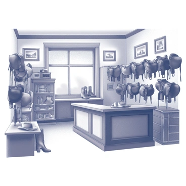 An interior of a cozy shop featuring an array of saddles hanging on wooden racks. The space is filled with various ropes coiled neatly on shelves. There are leather boots and cowboy hats displayed on a table near the entrance. The walls are adorned with rustic decor, including framed photographs of rodeos and western landscapes. A large window allows natural light to filter in, illuminating the rich textures of the leather goods. A wooden counter is positioned at the back, showcasing additional cowboy gear and merchandise.