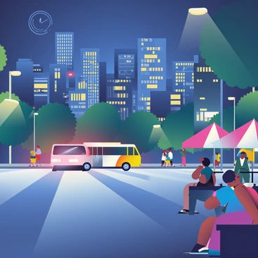 A city skyline is depicted at midnight, illuminated by the glow of streetlights and neon signs. The buildings are tall and varied, casting long shadows on the ground. In the foreground, a street is lined with parked cars, their surfaces reflecting the lights. Distant sirens can be heard, portrayed by red and blue lights flickering at the far end of the street. 

Nearby, there are clusters of people enjoying the nightlife, some sitting at outdoor café tables under umbrellas. Their conversations are depicted by soft, curvy lines emanating from their mouths. In the background, a bus moves along the road, its headlights creating a beam of light that cuts through the night. The air is filled with energy and sounds, creating a lively urban atmosphere.
