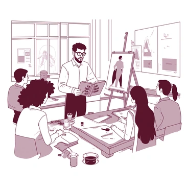 A bright and spacious art classroom filled with natural light coming from large windows. In the center, a male instructor with glasses is demonstrating figure drawing techniques, holding an open book titled "Figure Drawing for All It's Worth" by Loomis. Around him, several students of varying ages and ethnicities are intently drawing from a live model posing in front of an easel. One student, a young woman with curly hair, is focused on sketching details with a charcoal pencil. Another student, a middle-aged man, is using colored pencils to capture the model's form. Various art supplies are scattered across the tables, including sketch pads, erasers, and jars of charcoal. The walls of the classroom are adorned with student artworks, showcasing a range of styles.