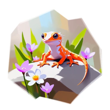 A crested gecko with vibrant orange and brown patterns is perched gracefully on a smooth gray rock. Its large, expressive eyes are focused forward, showcasing its distinctive crest along the top of its head. The gecko's slender tail curls elegantly behind it. Around the rock, small delicate flowers in shades of purple and yellow bloom, creating a vibrant contrast to the gecko's colors. The scene is filled with lush green foliage in the background, enhancing the natural habitat of the gecko.