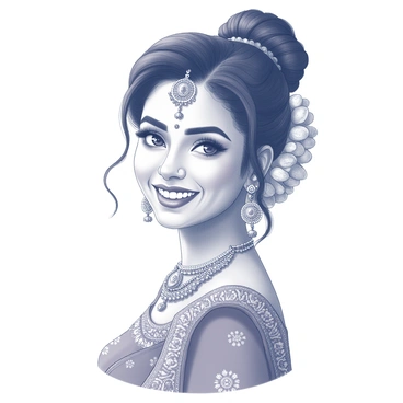 A close-up portrait of a modern Indian bride. Her face is adorned with intricate jewelry, including a detailed maang tikka on her forehead, long jhumka earrings, and layered necklaces that highlight her neckline. Her skin has a radiant glow, reflecting beauty and elegance. The bride's hair is styled in an elaborate updo, decorated with fresh flowers and subtle embellishments. She wears a vibrant lehenga, richly embroidered, featuring intricate patterns and designs. Her expression is confident and joyful, capturing the essence of a celebratory occasion.