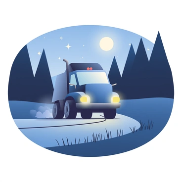 A large, dark blue truck with illuminated headlights is driving down a winding country road. The headlights cast a bright, white beam illuminating the asphalt beneath, revealing gravel and patches of grass on the sides. Tall trees line the road, their silhouettes stark against the night sky. Stars twinkle overhead, and a faint glow from the moon adds depth to the scene. The truck’s wheels kick up a small cloud of dust, adding a sense of movement and speed. The surrounding darkness creates contrast, highlighting the truck as it navigates the isolated road.