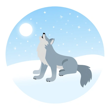 A lone wolf is sitting on a snowy hill, its fur a mix of gray and white against the bright white snow. The wolf is howling, its posture confident and proud, with its head tilted back. The snowy hill is gently sloping, and the snow glistens under the moonlight. Above, a sky full of stars twinkles, creating a captivating backdrop filled with countless stars scattered across a deep blue expanse. A soft glow from the moon illuminates the scene, enhancing the serene atmosphere.