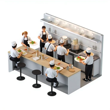 A team of five chefs with diverse backgrounds is actively working in a spacious, well-equipped kitchen. One chef with light brown hair tied back is chopping vegetables on a large wooden cutting board. Another chef wearing a white coat and a black apron is stirring a large pot on the stove, steam rising from it. A third chef is carefully plating a colorful dish on a white square plate, adding a garnish for presentation. Two more chefs are at a counter, one kneading dough while the other organizes various spices in glass containers. The kitchen is filled with various cooking tools, large stainless steel pots, and fresh ingredients, creating a vibrant and busy atmosphere. Bright overhead lights illuminate the scene.