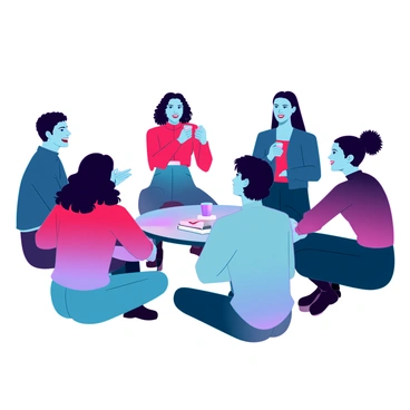 A diverse group of individuals sitting in a circle. Each person has a unique appearance, showcasing various skin tones, hairstyles, and clothing styles. They are all engaged in a conversation, with some smiling while others are actively listening. In the center of the circle, there is a small table with a few cups and a notepad. Soft, ambient lighting creates a warm atmosphere, enhancing the sense of community and support among the group members. Each individual exhibits positive body language, conveying a feeling of camaraderie and understanding.