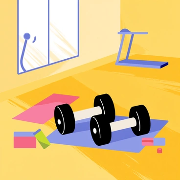 A vibrant gym scene featuring a set of black dumbbells on a bright wooden floor. The dumbbells are positioned on a workout mat, with multiple shadows cast behind them due to overhead lighting. The shadows are elongated and display the shapes of the dumbbells, creating interesting patterns on the floor. A few exercise props like a yoga mat and a water bottle are placed nearby, enhancing the workout atmosphere. The background includes gym equipment like a treadmill and a wall mirror reflecting the scene.