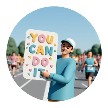 A supporter stands along the marathon course, holding a colorful sign with the words "You can do it!" written in bold, vibrant letters. The sign is decorated with drawings of hearts and stars, adding a playful touch. The supporter is wearing a bright blue shirt and a cap, and they are smiling enthusiastically, motivating the runners passing by. The background shows a bustling crowd of spectators and runners in motion, with a clear blue sky overhead.