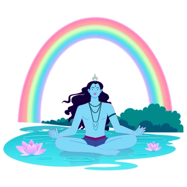 A vibrant rainbow arches gracefully over "Shiva," who is depicted in a meditative pose by a tranquil lake. "Shiva" has a calm expression, with his long hair flowing and adorned with serpents. The lake reflects the rainbow's colors and the surrounding lush greenery. Gentle ripples disturb the lake's surface, creating a serene atmosphere. Delicate lotus flowers float on the water, adding to the peaceful scene. The sky is clear, enhancing the brightness of the rainbow above.