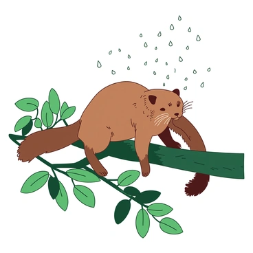 A brown pine marten is shaking off raindrops while perched on a dark green branch, which is glistening with moisture. The marten's fur is slightly damp and shiny as it vibrates its body, sending droplets flying in the air. Surrounding the branch, there are blurred green leaves that are also wet from the rain, creating a vibrant backdrop. The scene captures the dynamic movement of the marten in contrast to the stillness of the rain-soaked branch.