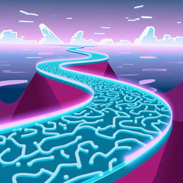 A twisting road made up of brain patterns, leading to distant horizons