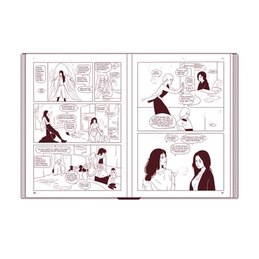 A white storyboard filled with various character designs and scene sketches for a graphic novel. The storyboard features multiple panels, each containing detailed illustrations of different characters in unique poses and outfits. There are action scenes depicted, showcasing characters interacting dynamically with their environment, and emotional moments captured through facial expressions and body language. In the background, faint outlines of settings enhance the narrative flow without overwhelming the character designs. Each panel is thoughtfully arranged to create a cohesive visual story.