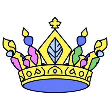 A crown that incorporates design elements from various world cultures. The base of the crown features a gold band with intricate engravings. Adorning the crown are colorful gemstones, including turquoise, ruby, and emerald, set in a symmetrical pattern. Each section of the crown reflects different cultural motifs, such as a feather design inspired by Native American art, geometric patterns reminiscent of Islamic architecture, and floral elements drawn from Asian traditions. The crown has a balanced shape, tapering gently towards the top, which culminates in a small, ornate finial.
