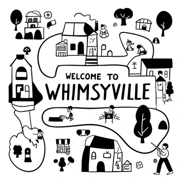 A whimsical illustrated map of a fictional town filled with distinct landmarks. There are winding streets leading to a large town square in the center, where the words "Welcome to Whimsyville" are prominently displayed. Surrounding the square, there is a bakery with a chimney emitting puffs of smoke and a park with children playing on swings. A library with a tall tower and books scattered around it stands nearby. Colorful houses with unique shapes and patterns line the streets, and small characters, including a dog playing fetch and a woman walking with a basket, are scattered throughout the scene. Trees and flowers add details throughout the map, enhancing the lively atmosphere of the town.