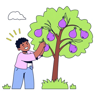 A person is picking ripe figs from a tree. The person has a big smile and is wearing a light-colored shirt and denim shorts. The tree has lush green leaves and several ripe figs hanging from its branches, showcasing a deep purple color. The sun is shining brightly, casting soft shadows on the ground, which is covered with patches of grass.