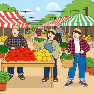 A bustling farmer's market filled with colorful stalls. Farmers are standing behind their wooden tables, displaying fresh produce like bright red tomatoes, yellow squash, and green leafy vegetables. A group of farmers, each in plaid shirts and sun hats, are engaged in conversation with cheerful buyers. The buyers, wearing casual summer clothes, are smiling and laughing as they hold baskets filled with fruits and vegetables. The market is lively with a variety of flowers in pots scattered around, and there are vibrant banners hanging overhead. The sun is shining, creating a warm atmosphere in the scene.