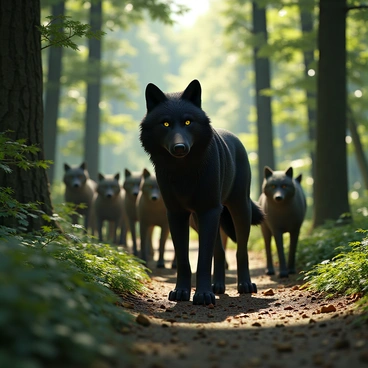 An alpha wolf with a thick, dark coat and piercing yellow eyes stands confidently at the front. Its strong posture exudes authority as it navigates through a dense forest filled with tall, green trees and thick underbrush. Behind the alpha, several wolves of varying shades of grey and brown follow closely, showcasing the unity of the pack. Sunlight filters through the leaves above, casting dappled shadows on the forest floor covered in leaves and small stones. The scene captures a sense of movement, with the wolves appearing purposeful as they traverse their natural habitat.