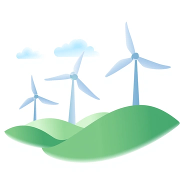 A row of graceful wind turbines is spinning on top of rolling green hills. The hills are covered in vibrant grass that undulates gently, creating a sense of movement. In the background, a clear blue sky is present, and a few fluffy white clouds drift by. The turbines are sleek and modern, their blades glinting in the sunlight as they turn gracefully in the breeze.