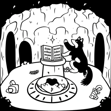 A wise wolf sitting on its hind legs, its fur dense and textured, is intently focused on an open medieval grimoire resting on a stone altar. The grimoire is filled with intricate symbols and ancient text, with a faint glow emanating from its pages. Surrounding the wolf, the stone chamber features rough-hewn walls and a low ceiling, with flickering torches casting shadows that dance across the surfaces. A circle of mystical runes is etched into the stone floor beneath the wolf, and small objects like feathers and crystals are scattered around the chamber, enhancing the sense of magic in the air.