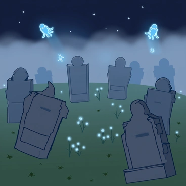 A misty graveyard at midnight, shrouded in a thick layer of fog that obscures the ground. The scene features several crooked tombstones, each one uniquely shaped with jagged edges and uneven heights. The tombstones are made of gray stone and have faded inscriptions. Hovering spirits are depicted as transparent figures, gently glowing with a soft blue light. These spirits vary in size and shape, some resembling small, child-like figures while others are taller and more ethereal. The atmosphere in the graveyard is filled with an eerie yet whimsical charm, with patches of glowing flowers peeking through the mist.