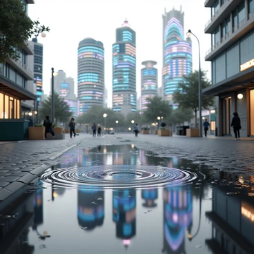 A cityscape reflected in a rain puddle on a cobblestone street