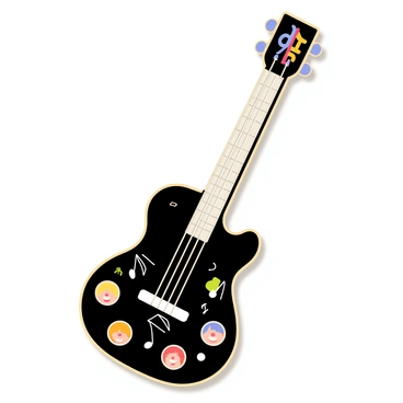 A guitar with a glossy black finish, featuring intricate designs along its body that represent each member of BTS. The designs include colorful portraits of the members' faces, surrounded by musical notes and symbols that reflect their individual styles. The headstock of the guitar showcases the BTS logo in bold, vibrant colors. The strings of the guitar are silver and gleaming, contrasting against the dark body. The background is filled with soft light, highlighting the detailed artwork on the guitar.